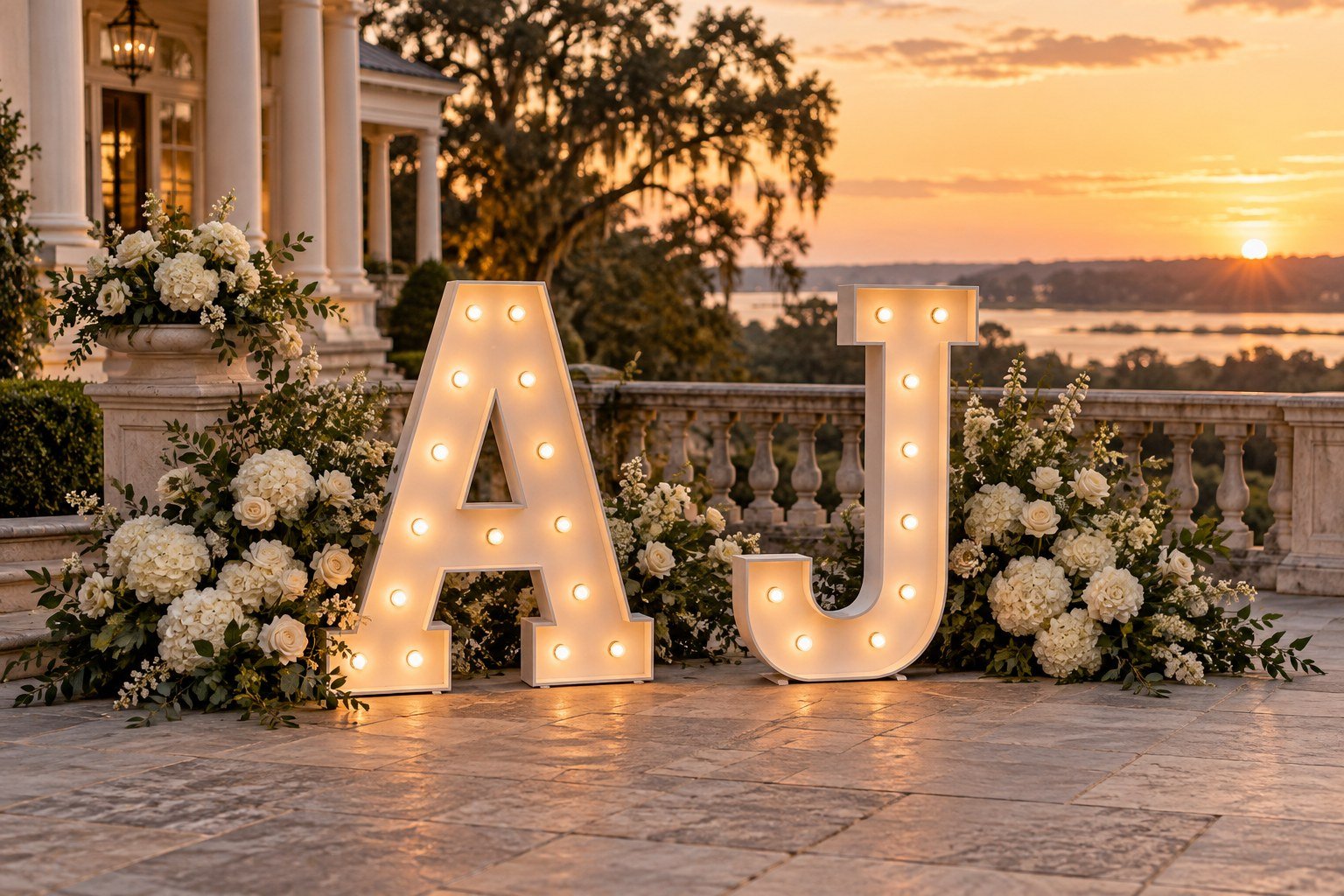 Illustrative A and J wedding initials with flowers
