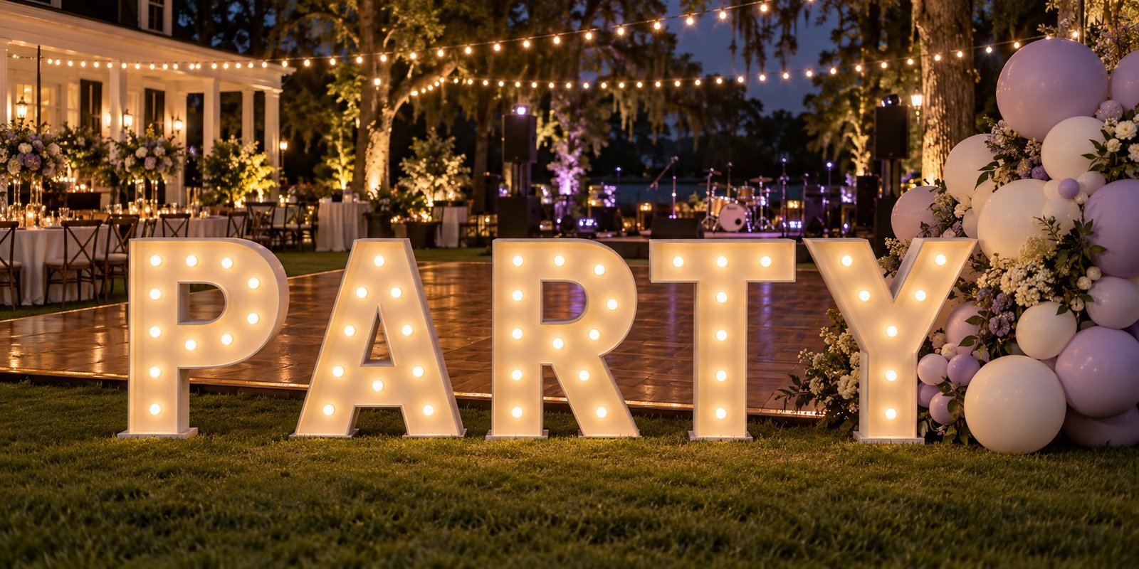 Illustrative PARTY marquee letters beneath outdoor string lights