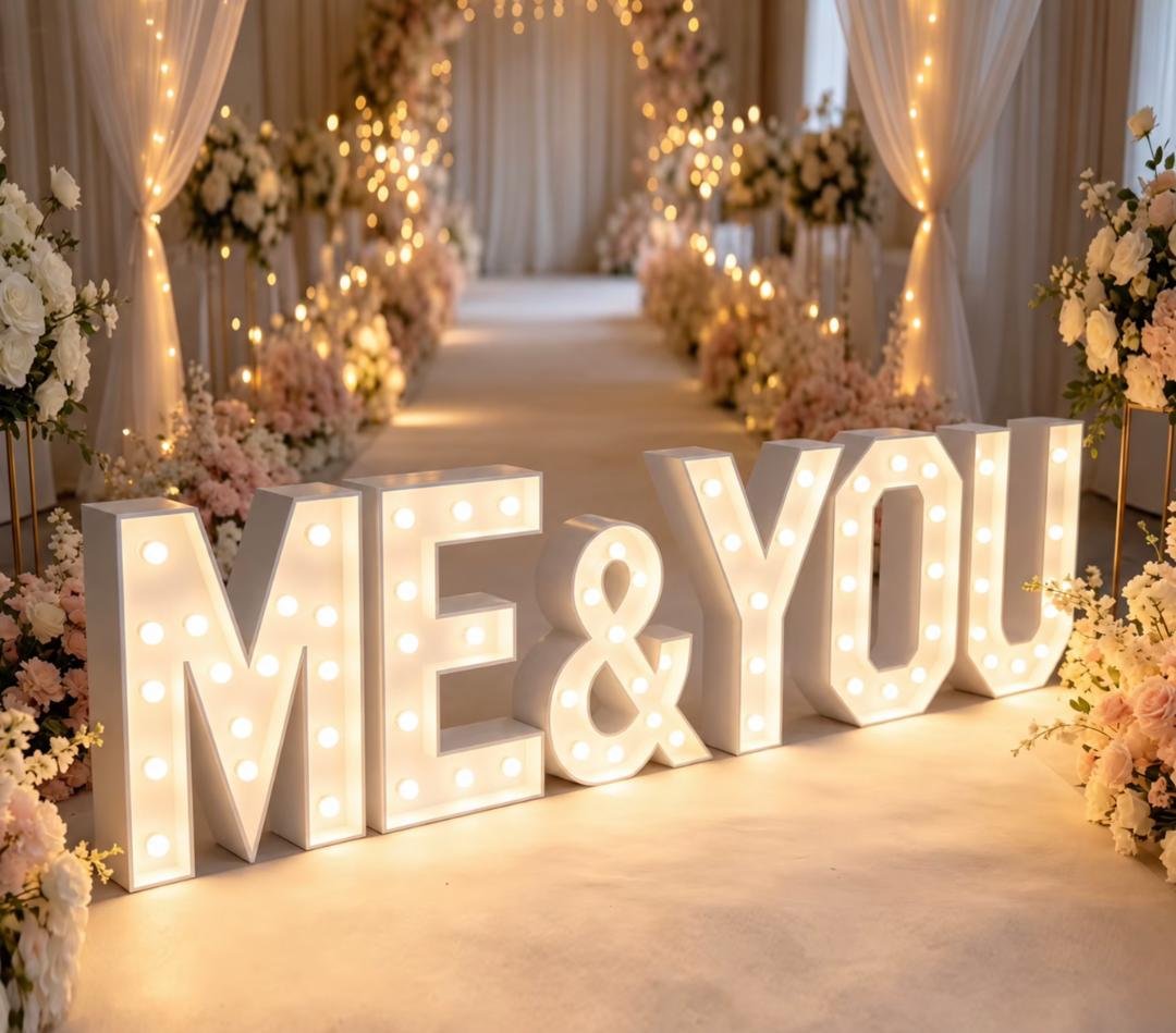 Illuminated ME & YOU marquee letters at a wedding