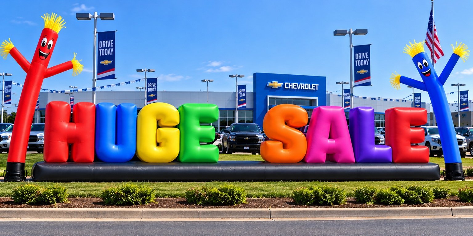 Huge Sale inflatable display and sky dancers outside a car dealership